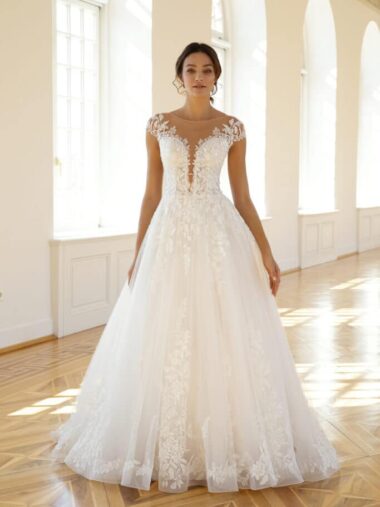 50662 DeLuxe Lisa Donetti bei VeRina Brautmoden in hille Rothenuffeln Hochzeitskleid Brautkleid Tüllkleid Spitze tiefer Ausschnitt Schleppe Tattoospitze