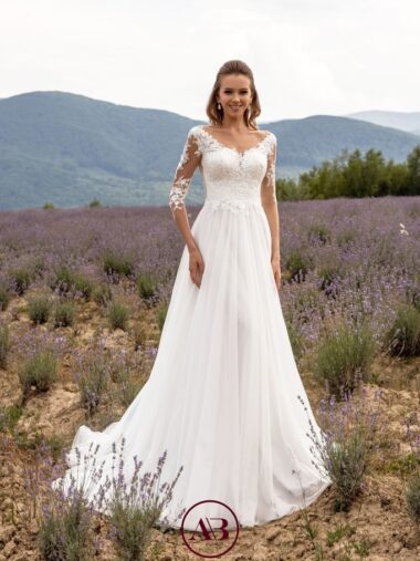1065 Brautkleid von Monica Loretti bei VeRina Brautmoden in Hille Rothenuffelm Chiffonkleid Tattoospitze mittellange Ärmel runder Rücken Spitze (2)