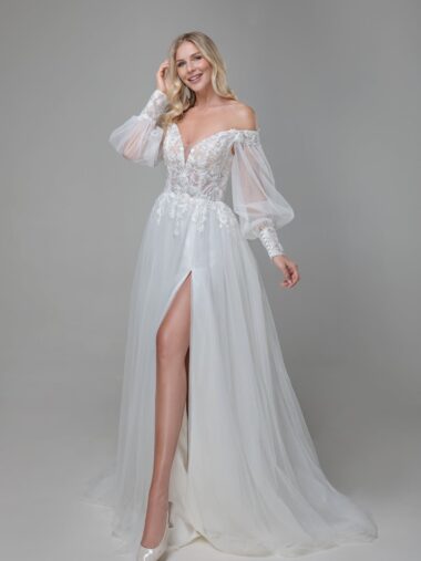 MGB183 Miss beautiful bride Brautkleid bei VeRina Brautmoden in Hille Rothenuffeln Tüll Softtüll Puffärmel Carmenträger fließende Spitze