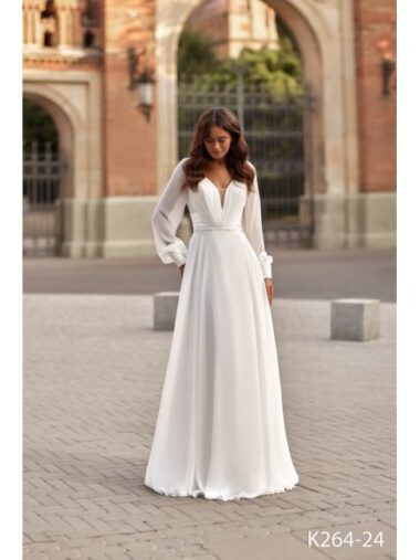 brautkleid B30F Brautstyle bei VeRina Brautmoden in Hille Rothenuffeln Chiffonkleid Chiffonärmel lang V Ausschnitt Raffungen (3)