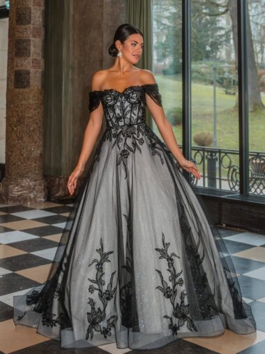 50922 diane legrand Brautkleid bei VeRina Brautmoden in Hille Rothenuffeln Prinzessin schwarz nude Carmenträger fließende Spitze Schleppe schnürung