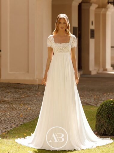1094 brautkleid Monika Loretti Angela Bianca bei VeRina Brautmoden in HIlle Rothenuffeln Boho Umstandskleid Chiffon Ärmel modern standesamtkleid
