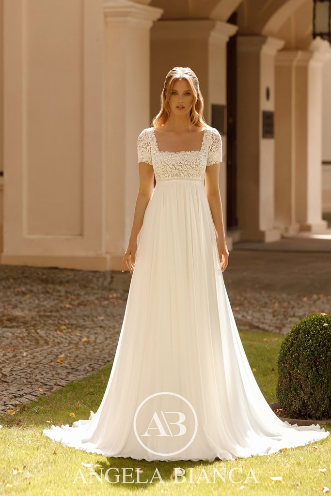 1094 brautkleid Monika Loretti Angela Bianca bei VeRina Brautmoden in HIlle Rothenuffeln Boho Umstandskleid Chiffon Ärmel modern standesamtkleid